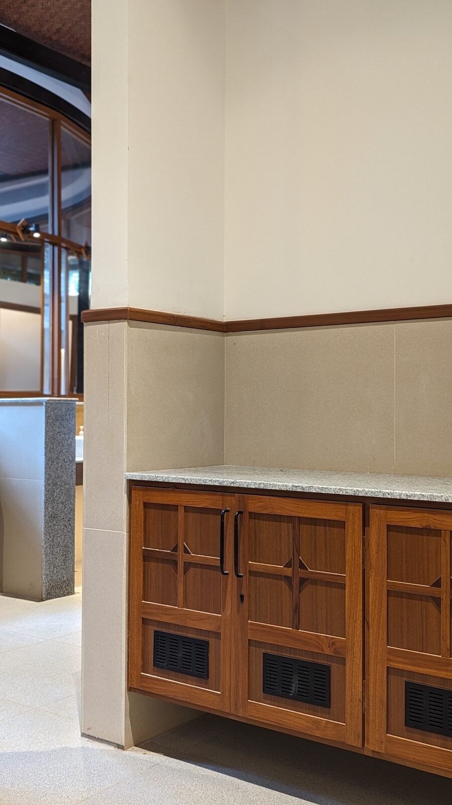 Curved granite-top bar counter